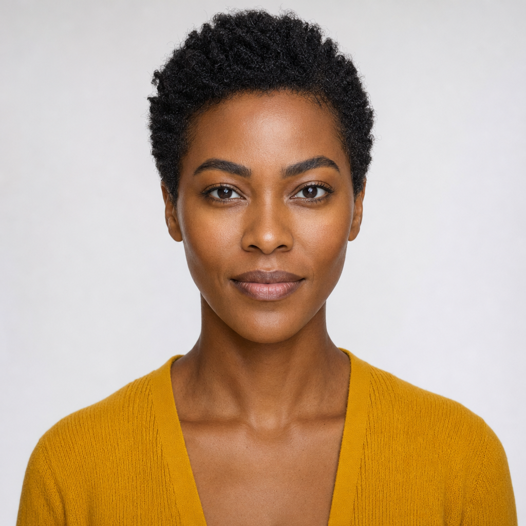 Front-facing fictional adult woman with short curly hair and a yellow top, used for the coffee-maker role